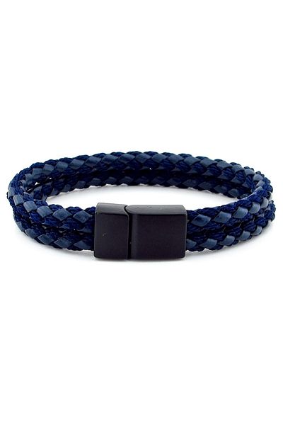 Solfera Black Metal Clip 2 Row Navy Blue Braided Leather Men's Bracelet M032c