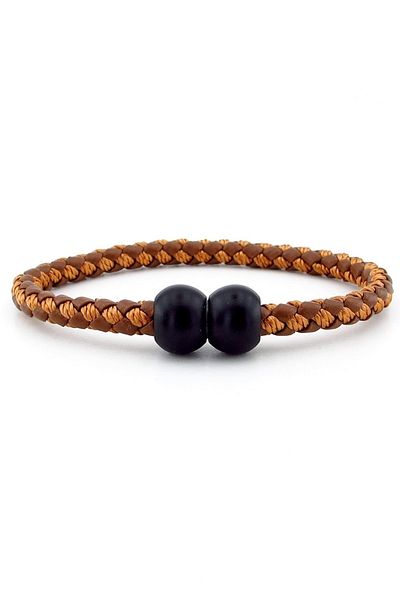 Solfera Black Ball Metal Clip Tan Braid Leather Men's Bracelet M034e
