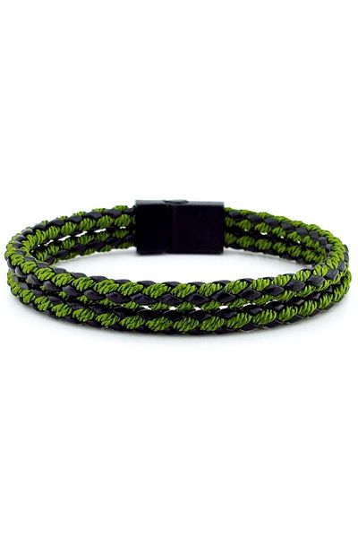 Solfera Black Metal Magnet 2 Row Green Braid Leather Men's Bracelet M032b