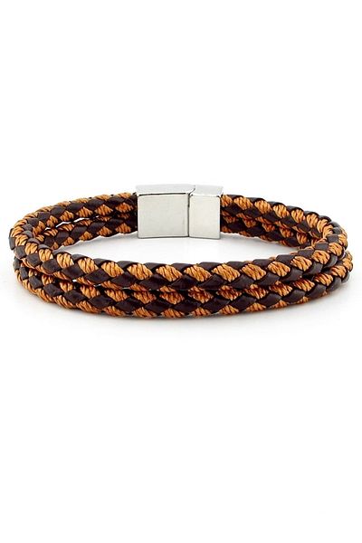 Solfera Silver Color Clip Double Brown Tan Braid Leather Men's Bracelet M031f