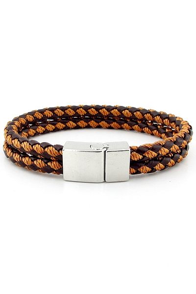 Solfera Silver Color Clip Double Brown Tan Braid Leather Men's Bracelet M031f