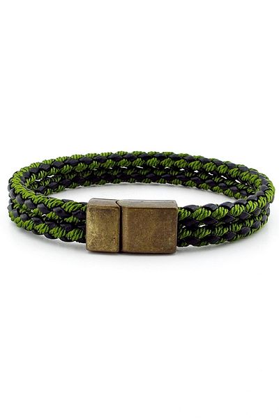 Solfera Bronze Magnet Two Rows Green Braid Leather Men's Bracelet M030b