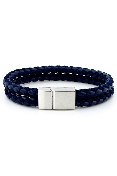 Solfera Silver Color Clip Two Rows Navy Blue Braid Leather Men's Bracelet M031c