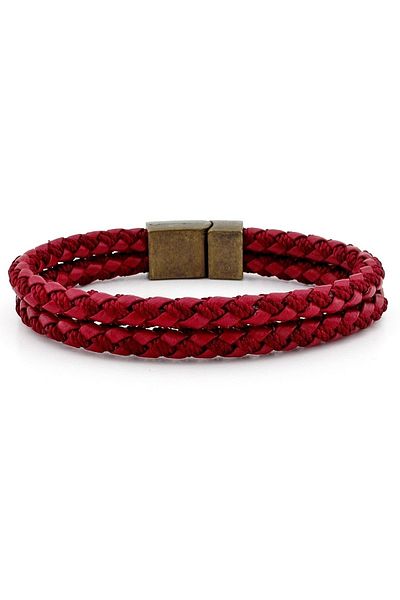 Solfera Bronze Magnet Double Row Claret Red Knitted Leather Men's Bracelet M030d