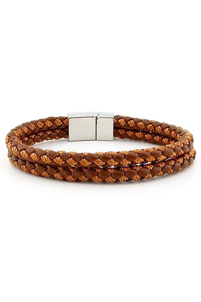 Solfera Silver Color Magnetic Two Rows Tan Braid Leather Men's Bracelet M031e