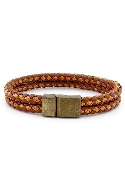 Solfera Bronze Magnetic Clip Two Rows Tan Braid Leather Men's Bracelet M030e