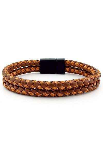 Solfera Black Metal Clip Two Rows Tan Braid Leather Men's Bracelet M032e