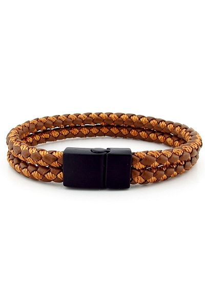 Solfera Black Metal Clip Two Rows Tan Braid Leather Men's Bracelet M032e