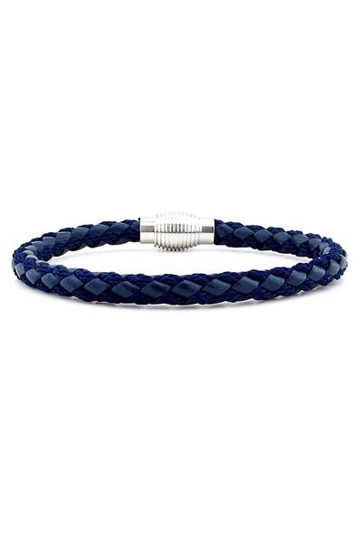 Solfera Oval Metal Clip Navy Blue Braid Leather Men's Bracelet M033c