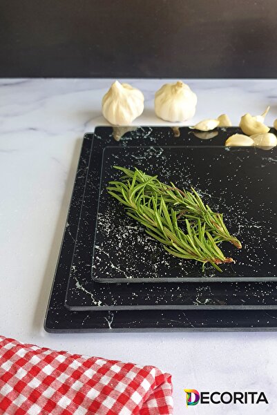 Decorita 3'lü Takım Siyah Mermer Görünümlü | Cam Kesme Tahtası - Cam Kesme Ta...