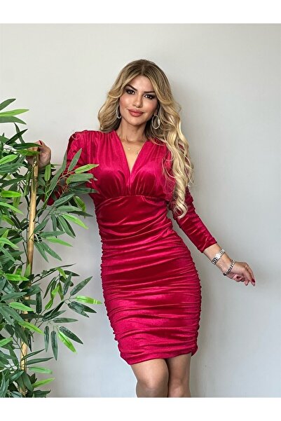 missacik semra açık حشوة الكتف فستان مخملي متجمع لون الكرز