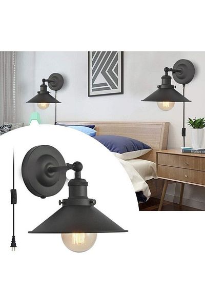 RİOLİGHT Retro Rustic Black Articulated Movable Head with Plug Switch Wired Wall Sconce Diameter: 23cm