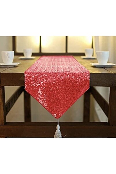 Paris Life Püsküllü Pullu Payetli Masa Runner - Kırmızı