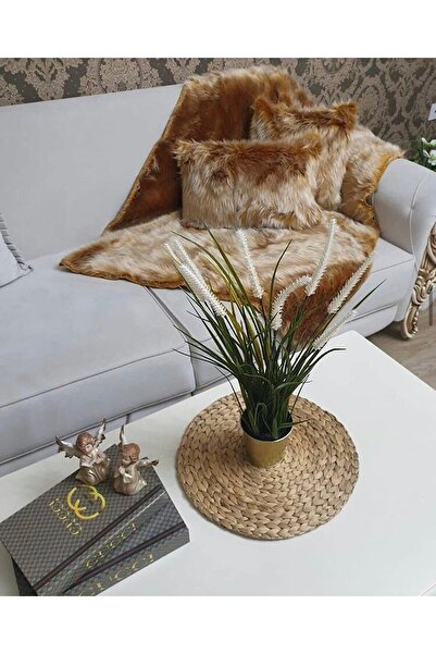 Paris Life Peluş 1 Koltuk Şalı & 2 Kırlent Set - Hardal