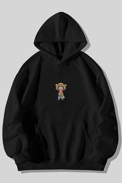 Harmandar One Piece Luffy Printed Unisex Black Kangaroo Pocket Hooded Sweatshirt Hoodie