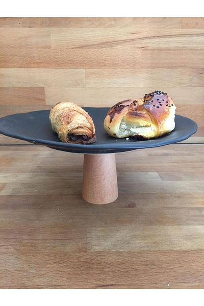 İkram Dünyası Wooden Round Leg Round 27 Cm Serving Black Plate Cream 9 Cm