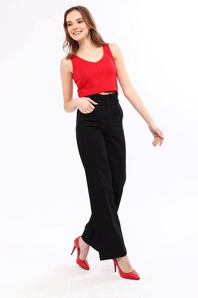 SHEVEGA Black Elastic Waist Boyfriend Wide Leg Jeans Wide Leg Jeans