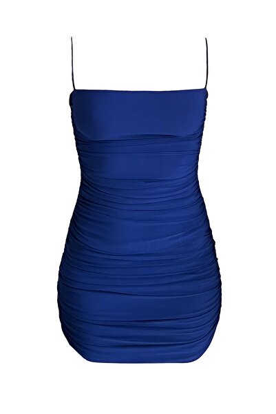 Beyond And More Saks Mavi Drapeli Büzgülü Mini Abiye/gece Elbisesi
