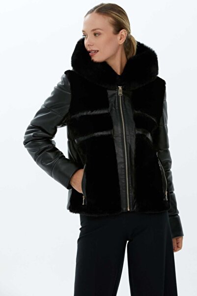 Selen Giyim Deri Kombinli Kapüşonlu Kaban