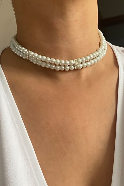 Liveyn Design صف مزدوج الزركون حجر التفاصيل قلادة اللؤلؤ الزجاجي