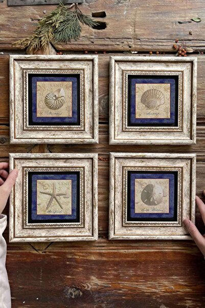 Oscar Stone Decor Çerçeveli Taş Tablo Duvar Dekoru 20x20cm 4'lü Set Deniz Kab...