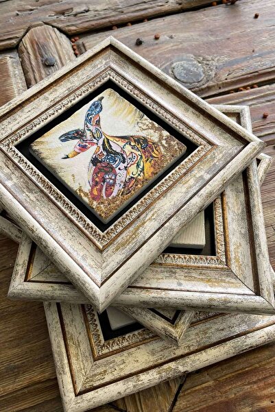 Oscar Stone Decor Çerçeveli Taş Tablo 20x20cm 4'lü Set(471-499-321-60)nar Ağacı Ebruli Elif Semazen