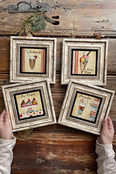 Oscar Stone Decor Çerçeveli Taş Tablo Duvar Dekoru 20x20cm 4'lü Set Ice Cream...