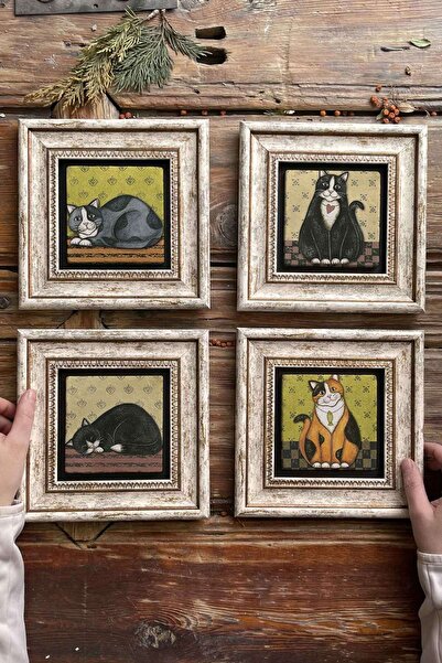 Oscar Stone Decor Çerçeveli Taş Tablo Duvar Dekoru 20x20cm 4'lü Set Kediler S...