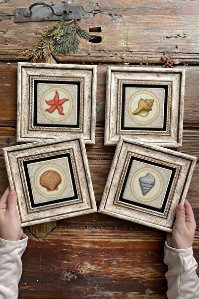 Oscar Stone Decor Çerçeveli Taş Tablo Duvar Dekoru 20x20cm 4'lü Set Deniz Yıl...