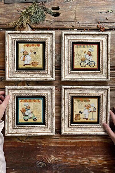 Oscar Stone Decor Çerçeveli Taş Tablo Duvar Dekoru 20x20cm 4'lü Set Aşçı Mutf...