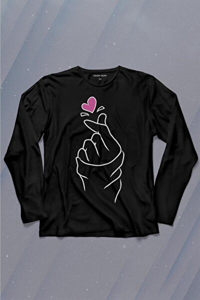 Kendim Seçtim تي شيرت مطبوع عليه أنا أحبك بعلامة اليد الكورية بأكمام طويلة لل...