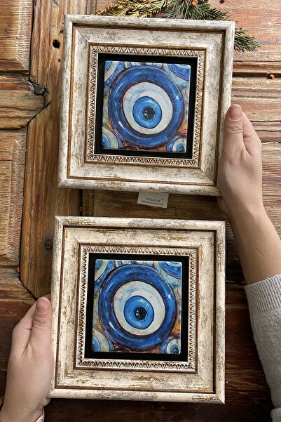 Oscar Stone Decor Çerçeveli Taş Duvar Dekoru Tablo 20x20cm 2li Set Nazar Boncuğu