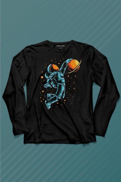 Kendim Seçtim Astronaut care joacă baschet lângă planeta Saturn în spațiu tricou cu mânecă lungă de baschet imprimat băiat