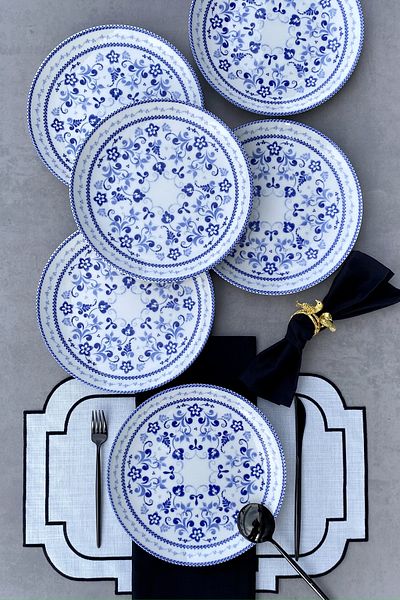 porselenden Blue Blanc 25 Cm Set of 6 Blue Classic Porcelain Serving Plates for 6 Persons