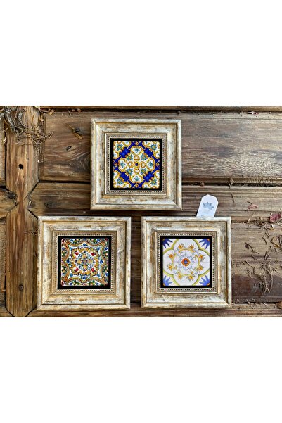 Oscar Stone Decor 20x20 Cm 3 Lü Set Sarı Desenler Çerçeveli Taş Tablo