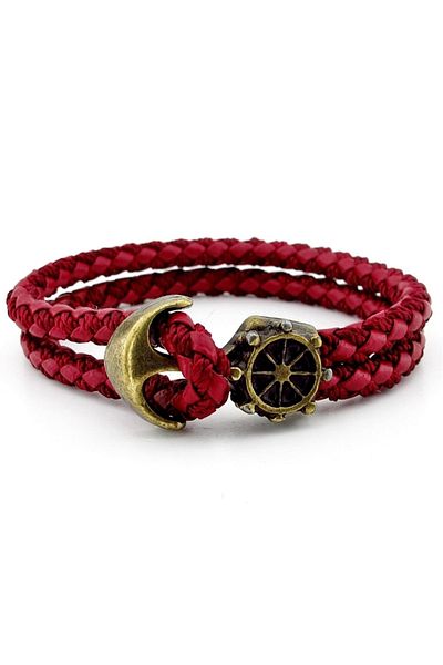 Solfera Bronze Anchor Rudder Sailor Claret Red Braid Leather Men's Bracelet M034d