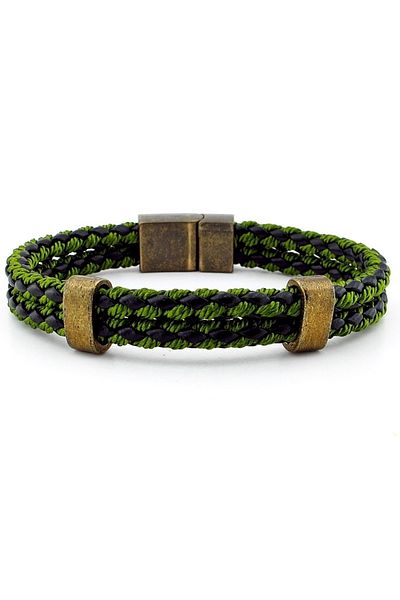 Solfera Bronze Clip Pair Row Green Braided Leather Men's Bracelet M038b