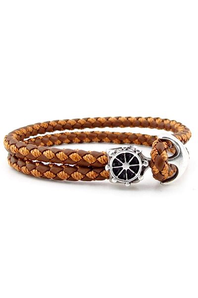 Solfera Anchor Rudder Sailor Sailor Tan Braid Leather Men's Bracelet M034e