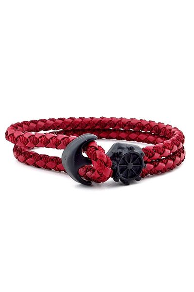Solfera Black Anchor Rudder Sailor Claret Red Braid Leather Men's Bracelet M034d