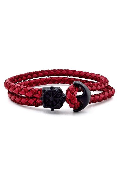 Solfera Black Anchor Rudder Sailor Claret Red Braid Leather Men's Bracelet M034d