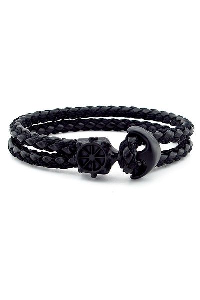 Solfera Black Anchor Rudder Sailor Black Braid Leather Men's Bracelet M034a