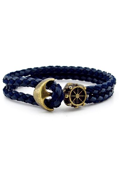 Solfera Bronze Anchor Rudder Sailor Navy Blue Braid Leather Men's Bracelet M034c