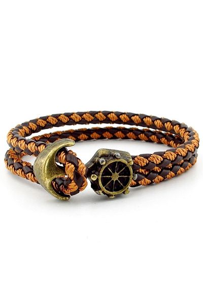 Solfera Bronze Anchor Rudder Brown Tan Braid Leather Men's Bracelet M034f