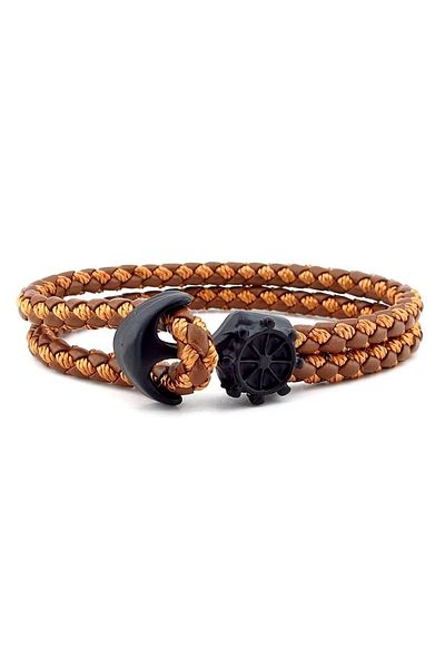 Solfera Men's Bracelet - Black Tan Knit Leather, Anchor Rudder Sailor M034e
