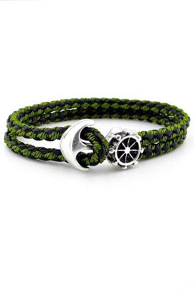 Solfera Anchor Rudder Sailor Sailor Green Braid Leather Men's Bracelet M034b