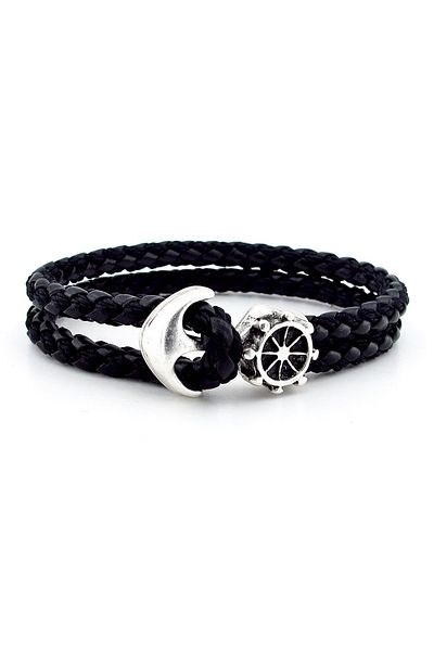 Solfera Anchor Rudder Sailor Clip Black Braid Leather Men's Bracelet M034a