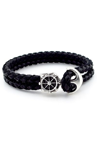 Solfera Anchor Rudder Sailor Clip Black Braid Leather Men's Bracelet M034a