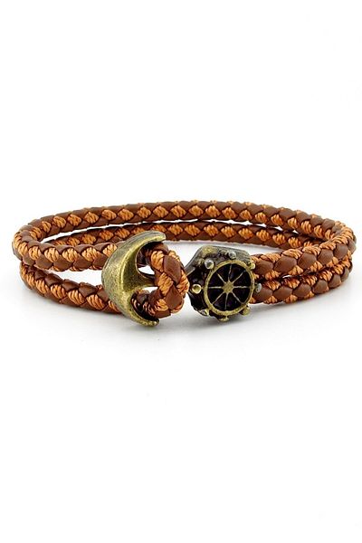 Solfera Bronze Anchor Rudder Sailor Tan Braid Leather Men's Bracelet M034e