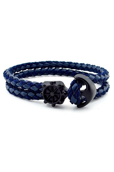 Solfera Black Anchor Rudder Clip Navy Blue Braid Leather Men's Bracelet M034c