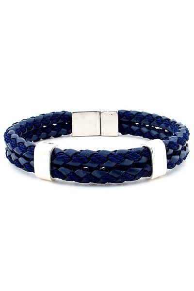 Solfera Metal Clip Two Rows Navy Blue Braid Leather Men's Bracelet M039c